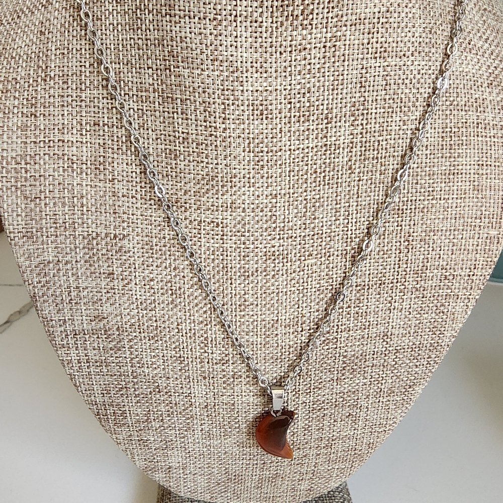 Crescent Moon Polished Agate Gemstone Stainless Steel 18" Necklace